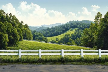 Peaceful green rolling hills with a white wooden fence under a blue sky with fluffy clouds