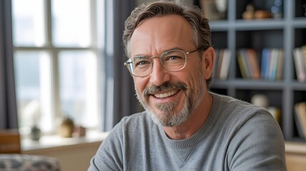 Fototapeta premium Happy Mature Man Smiling, Gray Sweater, Glasses