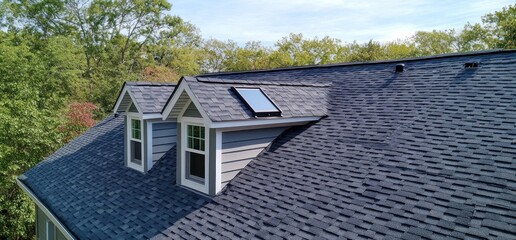 Newly Installed Asphalt Shingle Roof with Dormer Windows and Skylight