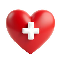 Obraz premium A shiny red heart with a white plus sign in the center in a studio shot isolated on transparent backgruond
