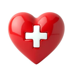Obraz premium A glossy red heart with a white medical cross in the center on a plain design element isolated on transparent backgruond