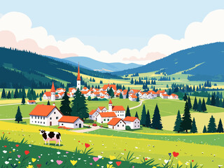 German travel poster, featuring the allgau region, soft pastels colors, classic look 
