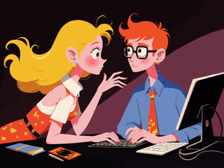 A playful interaction between a girl and a boy at a computer desk showcases creativity, connection, and collaboration in a flirtatious manner, capturing youthful energy