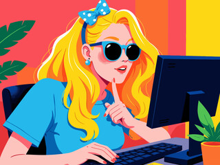 A playful interaction between a girl and a boy at a computer desk showcases creativity, connection, and collaboration in a flirtatious manner, capturing youthful energy