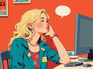 A playful interaction between a girl and a boy at a computer desk showcases creativity, connection, and collaboration in a flirtatious manner, capturing youthful energy