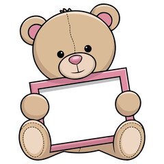 Cuddly teddy bear holding blank announcement sign for baby isolated vector illustration on white background