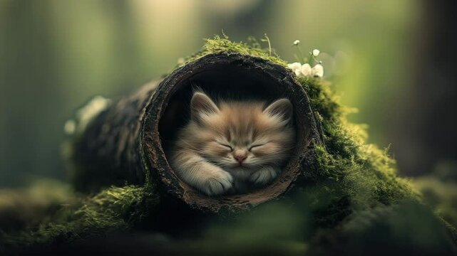 Curled cat hiding in cozy spot with gentle light and sleepy mood. 