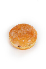 Chocolate-filled doughnut isolated on a white background. A soft pastry with a rich, creamy center