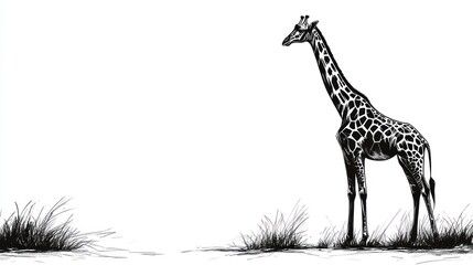 Naklejka premium Giraffe in savanna, ink sketch