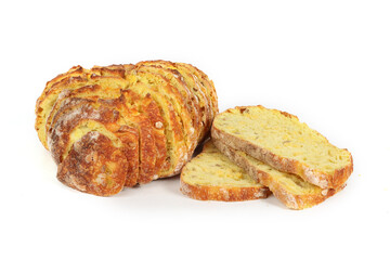 Sliced corn bread isolated on a white background. Golden crust and soft yellow interior
