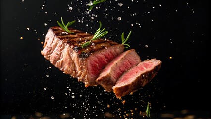 Grilled steak sliced mid-air with black background