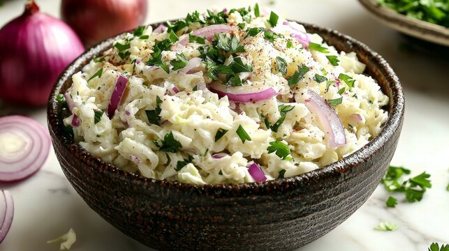 Creamy coleslaw featuring red onion and fresh parsley.