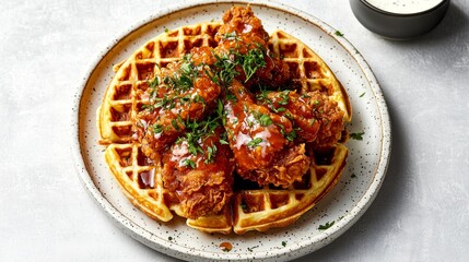 Golden waffles garnished with fresh herbs and crispy chicken.