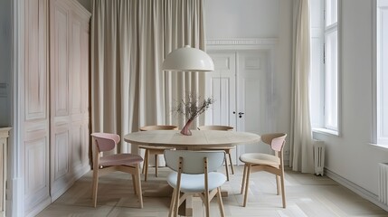 Elegant Dining Room Interior Design with Light Wood Table and Pastel Chairs near a Tall Armoire