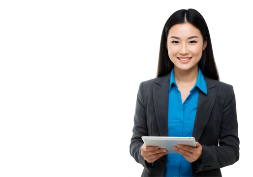 Businesswoman Holding Tablet Smiling in Gray Suit