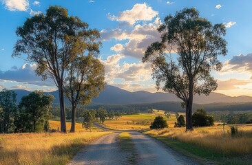 Sunlit rural dirt road winding through golden grass fields with tall trees on either side under a partly cloudy blue sky and distant rolling hills