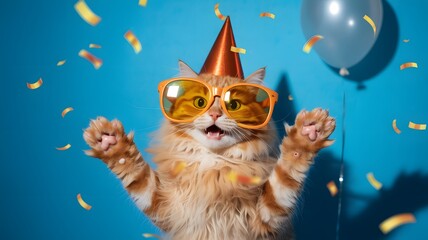 Festive Cat in Party Hat, Sunglasses, Confetti