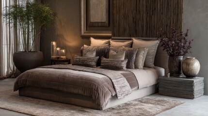 Luxurious bedroom suite with a warm, earthy palette.  Soft textures and natural elements create a serene and sophisticated space