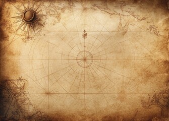 Old vintage nautical map with compass rose and faint coastlines on aged parchment background evoking historical exploration and adventure © Jdgkxbnc