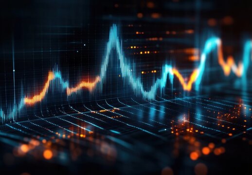 Abstract 3D digital graph with fluctuating blue and orange light peaks representing data analysis or financial trends in a dark futuristic environment