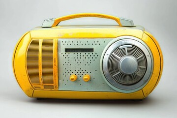 Vintage yellow portable radio with round dial and handle against plain background