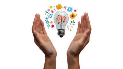 Hands holding glowing lightbulb with floral arrangement innovative concept