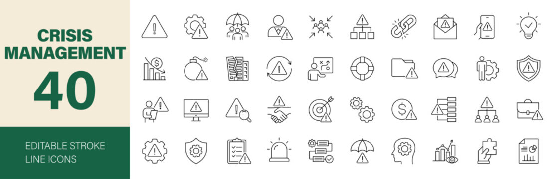 Crisis management icon set. Containing risk, strategy, emergency, recovery, planning, protection, decision, business, finance and more. Editable line icons. Vector illustration.
