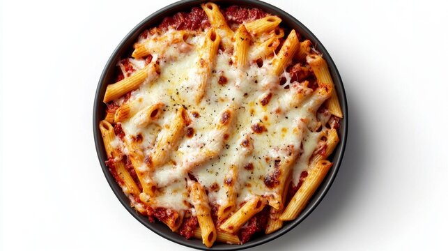 Indulge in a mouthwatering baked ziti dish, perfectly layered and topped with gooey melted cheese. 