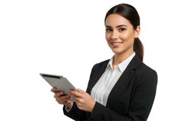 Woman Using Digital Tablet While Smiling on Transparent Background