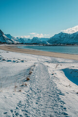 Snowy Ramberg Beach and Mountains in Lofoten