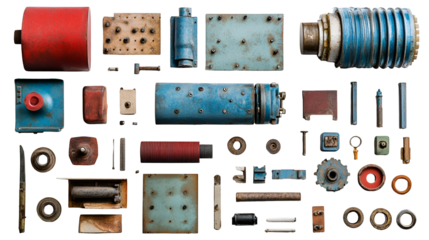 Industrial components overhead composition of mechanical parts on black background