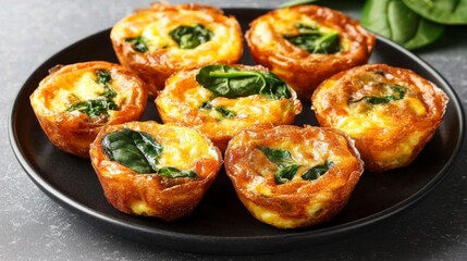 Tasty spinach mini frittatas elegantly arranged on a dark platter.