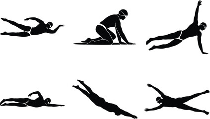 Dynamic Swimming Silhouette Clipart SVG Bundle– Athlete Style Clipart. Swimming Black Vector Illustration Isolated on white Background. Olympic Swimmer, Retro & Modern Swimmer, Swimming Action Poses.