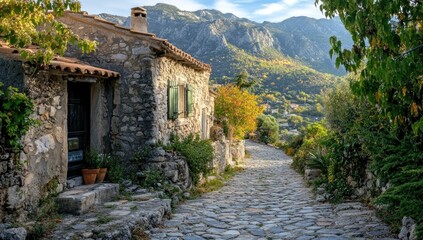 Obraz premium Picturesque Stone Village Path in Autumn Mountains