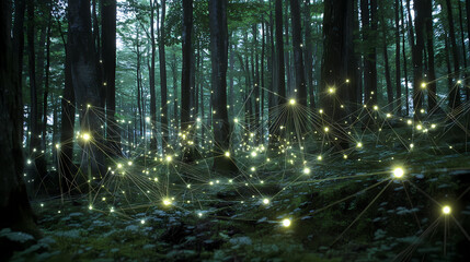 Forest network glowing connections in nature. [Fungal Cities] | Hyphal Networks | thread street. Illustration