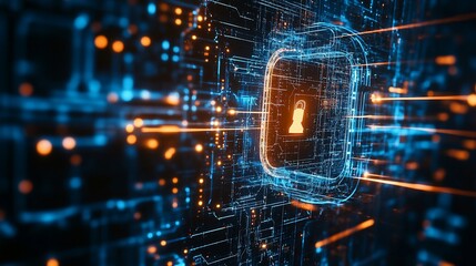 Naklejka premium Digital Security Concept with Padlock Icon on Abstract Circuit Board Background