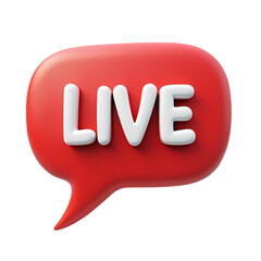A red speech bubble with the word live in white letters  rendered in three d isolated on transparent backgruond