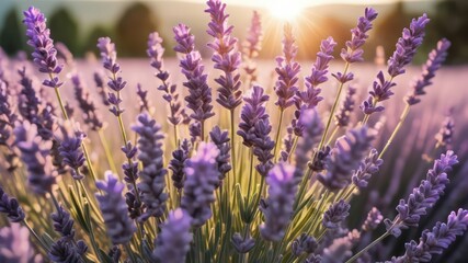 Fototapeta premium Serene Sunset Lavender Field A Close-Up View of Blooming Purple Flowers Bathed in Golden Light