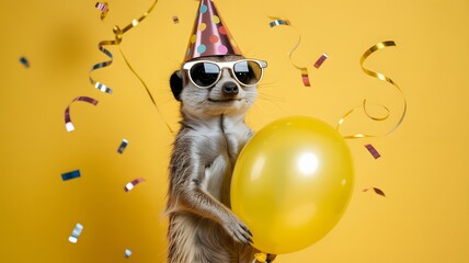Festive Meerkat with Balloon and Party Hat