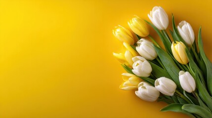 Fototapeta premium Spring bouquet of yellow and white tulips on a bright yellow background (2)
