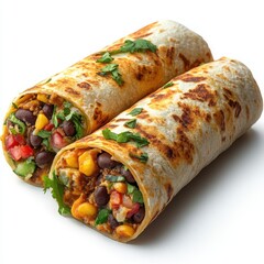 Two delicious burritos filled with beans corn and vegetables on white surface