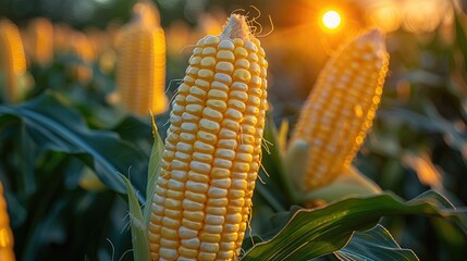 A close-up of fresh corn cobs growing on the stalk, surrounded by vibrant green husks.