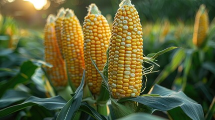 A close-up of fresh corn cobs growing on the stalk, surrounded by vibrant green husks.