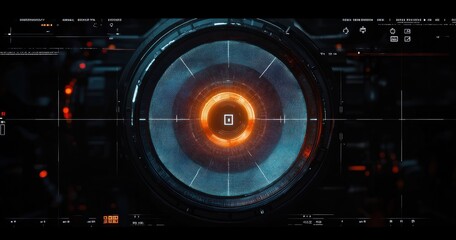 Fototapeta premium Close-up of futuristic digital circular interface with glowing orange center and blue outer rings on dark high-tech background
