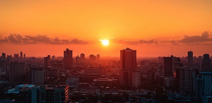 Vibrant city skyline with tall buildings silhouetted against a bright orange sunset with scattered clouds creating a warm and dramatic urban atmosphere