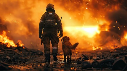A rescue worker and a dog navigate debris, symbolizing hope and teamwork in disaster response amid a dusty, collapsed environment.
