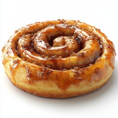 A close up shot of a glazed cinnamon roll with caramel drizzle on a white surface