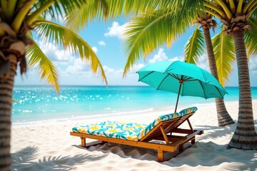 Tropical beach lounge chair under turquoise umbrella by the sea  