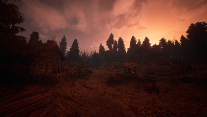 夕方の中世の村