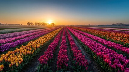 Fototapeta premium Colorful tulip fields at sunrise